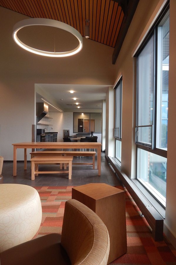 A view into the 65 Campus kitchen from the Treehouse. (Doug Hubley/Bates College)