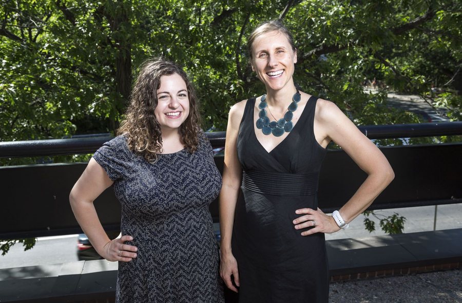 Melody Altschuler '17 and researcher Susan Faja at Boston Children's Hospital. (Josh Kuckens/Bates College)