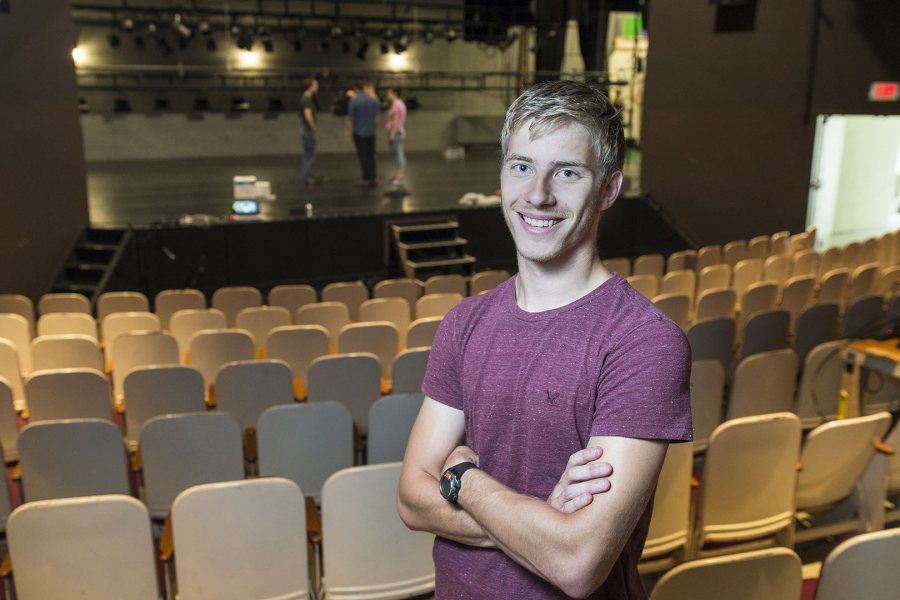 Jason Ross '19 in Schaeffer Theatre. (Josh Kuckens/Bates College)