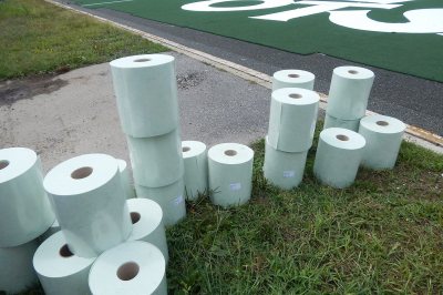 Panels of the GreenFields TX turf were still being placed on Aug. 17, 2016. Slathered with glue, this tape was used to hold the panels together. (Doug Hubley/Bates College)