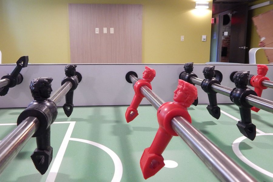 The foosball table is ready for action in a Smith Hall Lounge. (Doug Hubley/Bates College)