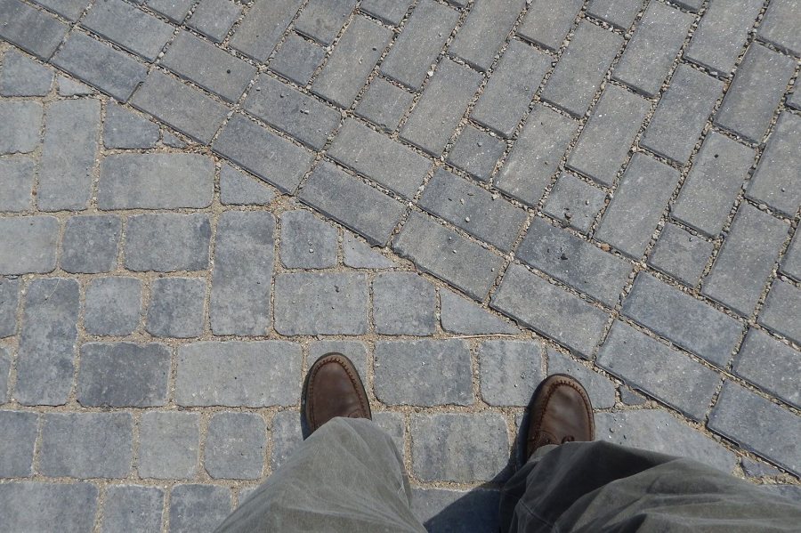 Mixed pavers cover the boathouse parking area. (Doug Hubley/Bates College)