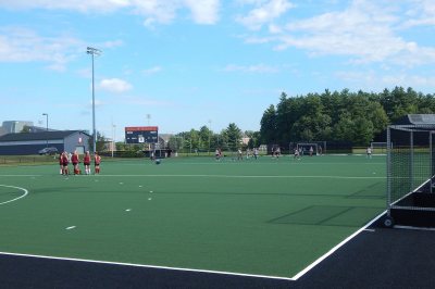 A field hockey practice on the new GreenFields TX turf on Campus Avenue Field on Sept. 1, 2016 . (Doug Hubley/Bates College)