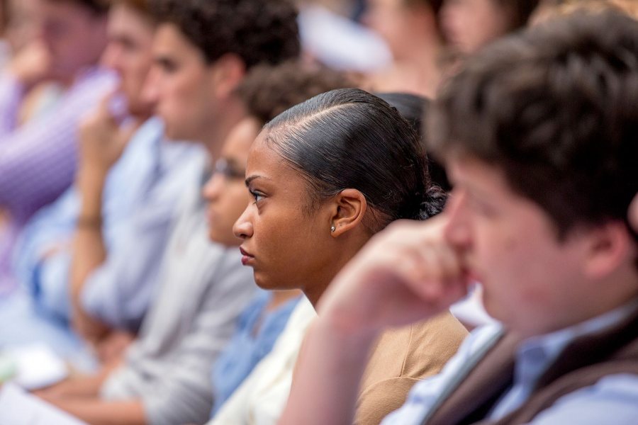 Members of the Bates Class of 2020 listen to a Convocation speaker on the morning of Sept. 6, 2016. (Phyllis Graber Jensen/Bates College)