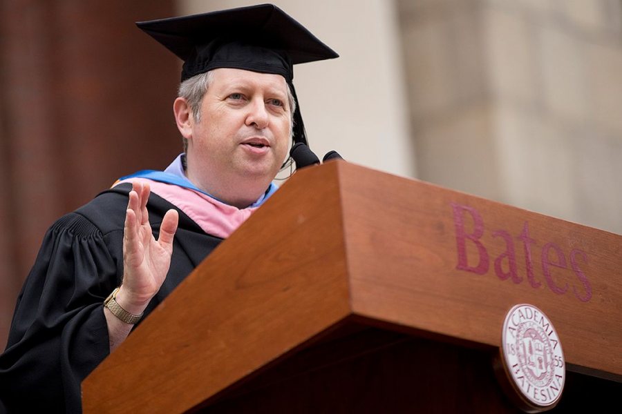 Dan Gediman, co-creator of the "This I Believe" radio and book series, delivers the Convocation address on the historic Quad on Sept. 6, 2016. (Phyllis Graber Jensen/Bates College)