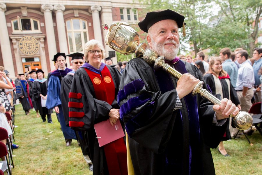 President Clayton Spencer follows as the college mace bearer, Charles Franklin Phillips Professor of Economics Michael Murray, leads the Convocation 2016 Recessional away from Coram Library. (Phyllis Graber Jensen/Bates College)