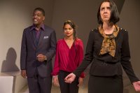 The cast of the Bates mainstage play <em>Tomorrow in the Battle</em> comprises Brennen Malone '17 of Philadelphia, Sukanya Shukla '20 of Gwalior, India, and Christina Felonis '17 of Athens, Greece. (Phyllis Graber Jensen/Bates College)