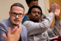"When I come to speak at colleges, this is what I look forward to the most," said.
-- Black Lives Matter activist @ShaunKing, expressing appreciation for the opportunity to speak in a Pettengill classroom with a small group of students in AAS/ACS -- "#BlackLivesMatter," a course taught by Visiting Instructor in African American Studies Yannick Marshall.
.
King, senior justice writer for The New York Daily News, will speak tonight in the Peter J. Gomes Chapel on racial injustice and police brutality.
