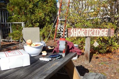 Frosty's doughnuts, apples, and Bates cookies were among the refreshments on hand for the solar installation project at Bates' Coastal Research Center at Shortridge. (Doug Hubley/Bates College) 