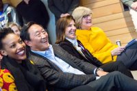 Elizabeth Kalperis Chu '80 and Michael Chu '80 are flanked by student speaker Kukzaiishe Mapfunde '19 of Harare, Zimbabwe, and President Clayton Spencer at the naming celebration Friday afternoon. (Josh Kuckens/Bates College)