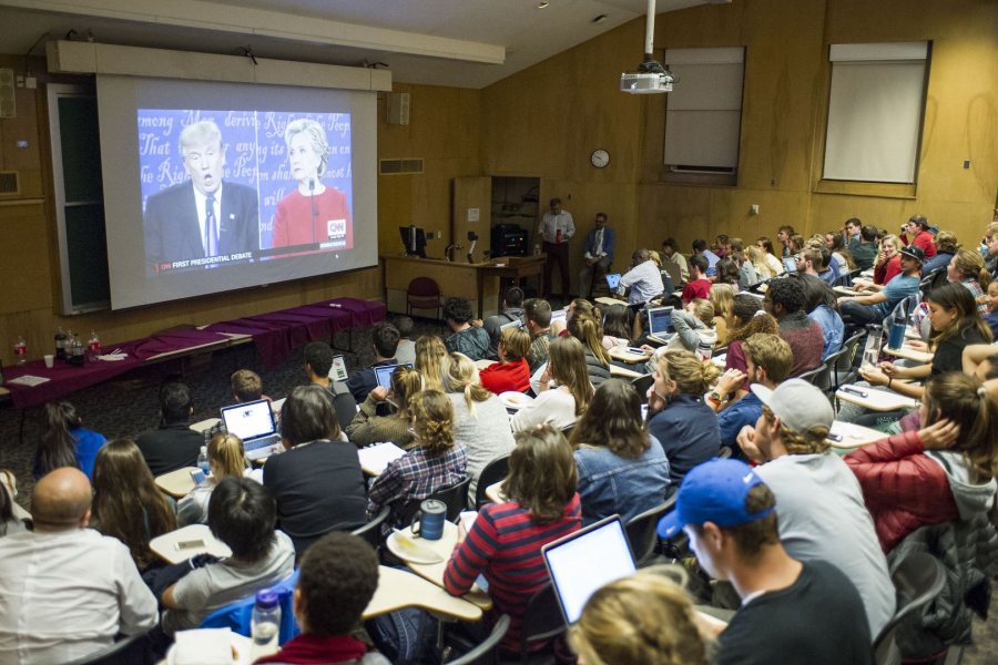 Students watch the Trump vs. Clinton debate in Pettigrew’s Filene Room. (Josh Kuckens/Bates College)