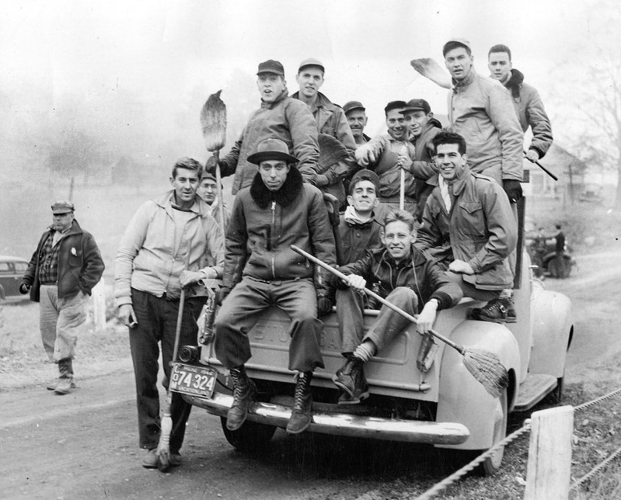 Published in the Oct. 29, 1947, Bates Student, this photo is said to show Bates student volunteers fighting the 1947 fires in Maine. (Muskie Archives and Special Collections Library)