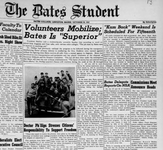 Volunteer firefighting by Bates students was "superior" said President Charles Phillips in a front page story in the Oct. 29, 1947, issue of The Bates Student.