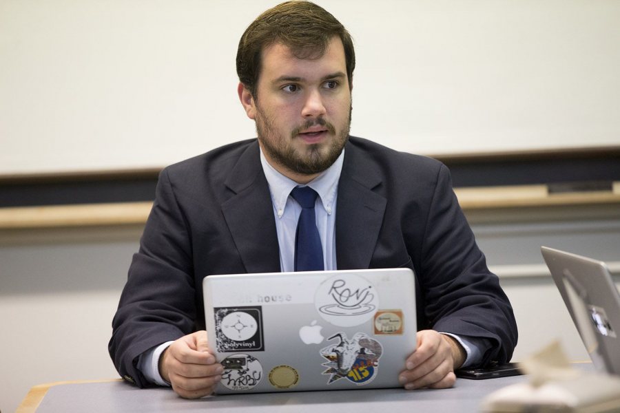 Gabriel Nott ’17 is the Democratic candidate for president in the mock campaign that's a key element of "Presidential Campaign Rhetoric."(Phyllis Graber Jensen/Bates College)