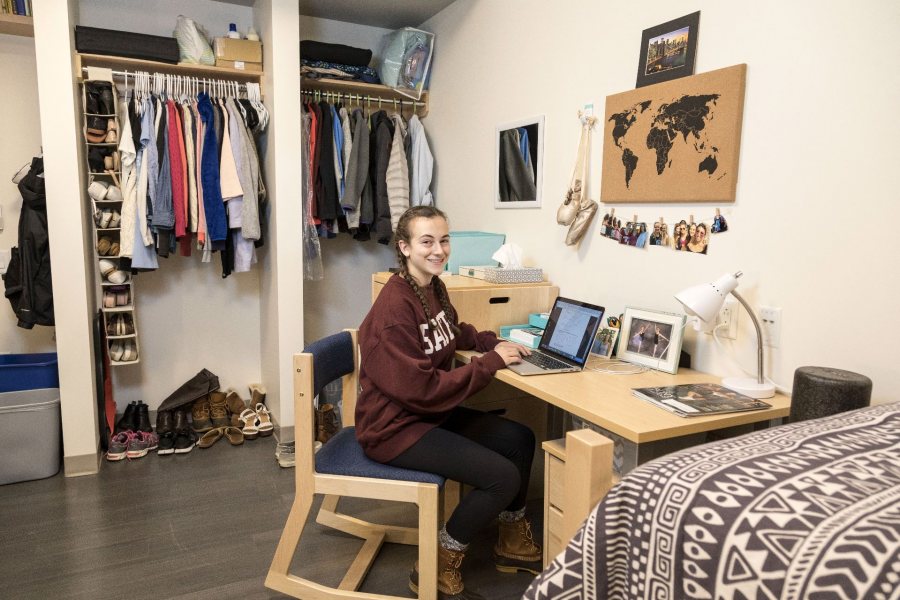 Isabella Del Priore '19 of Cos Cob, Conn., poses for a portrait in her room at Kalperis Hall on Thursday, Nov. 3 2016. "Living on the 4th floor [of Kalperis Hall] with the Treehouse, it really feels like a community. Having the kitchen close by is nice and all my friends come up here to hang out."