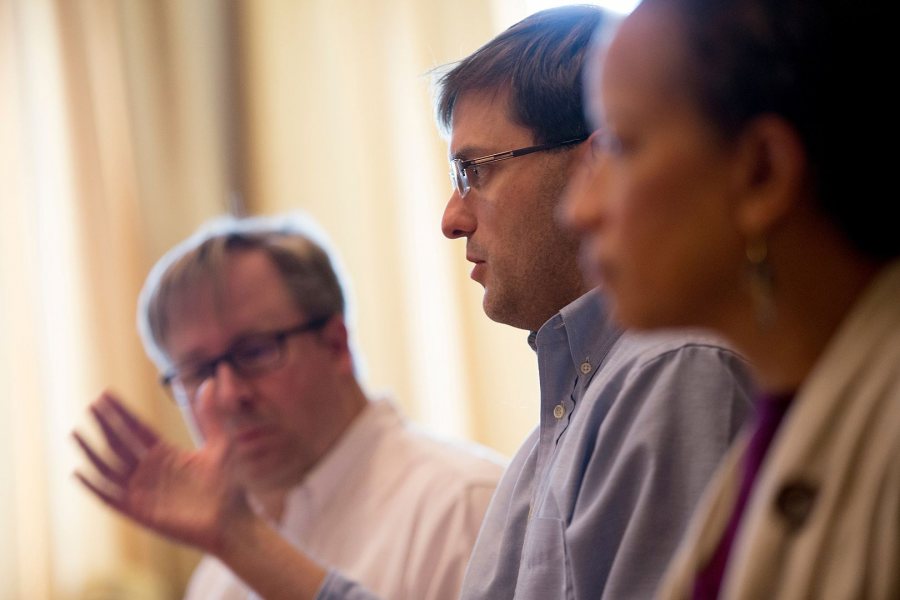 Flanked by John Baughman and Leslie Hill, Ben Moodie discusses the economic implications of a Trump presidency during the Nov. 9 "What Just Happened?" panel discussion. (Phyllis Graber Jensen/Bates College)