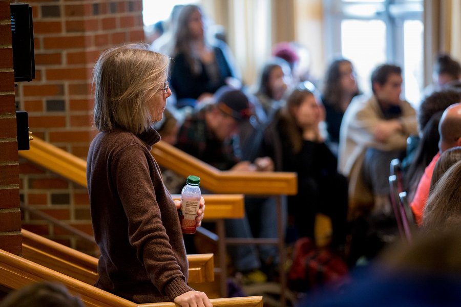 Environmental studies professor Jane Costlow, foreground, is part of a capacity crowd gathered at the Mays Center on Nov. 9 for the "What Just Happened?" panel discussion. (Phyllis Graber Jensen/Bates College)