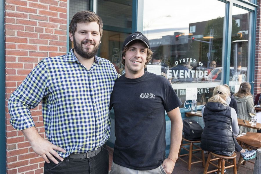 Matthew Moretti '06, president of Bangs Island Mussels and Wild Ocean Aquaculture poses for a portrait in the Eventide Oyster Co.'s kitchen with Chef and Owner Andrew Taylor '03 on Monday, Sept. 26 2016. Mussels from Bangs Island are featured in several plates at Eventide and exemplify a commitment to the local food economy. 