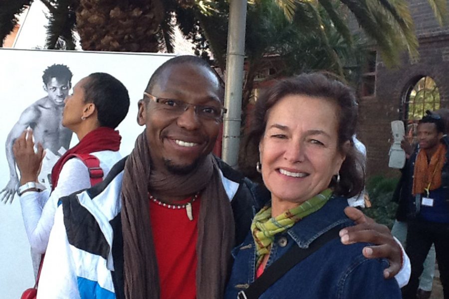 One of South Africa's best-known choreographers and dancers, Vincent Mantsoe poses with Bates Dance Festival Director Laura Faure during one of her visits to Africa. Mantsoe has taken part several times in the festival's International Visiting Artists Program. (Bates Dance Festival)