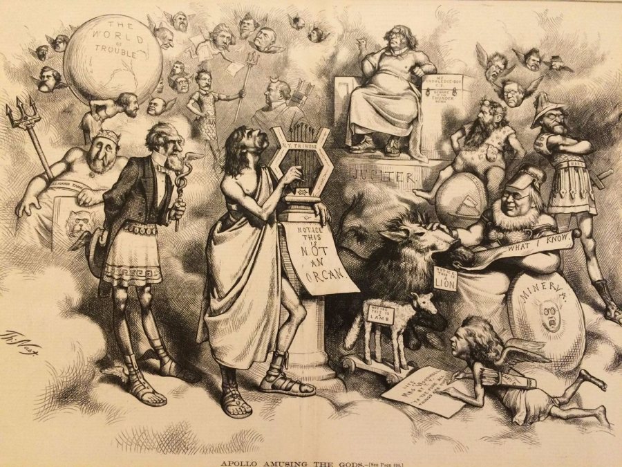 "Apollo Amusing the Gods," an 1872 wood engraving by Thomas Nast. Gift of Richard and Ruth Hathaway ‘55.