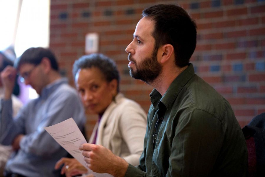 Lecturer in Politics William d'Ambruoso talks about international nuclear weapons security during the Nov. 9 "What Just Happened?" event in the Mays Center. (Phyllis Graber Jensen/Bates College)