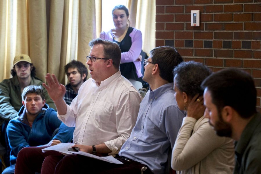 John Baughman, an associate professor of politics, speaks during the Wednesday discussion in the Mays Center. (Phyllis Graber Jensen/Bates College)