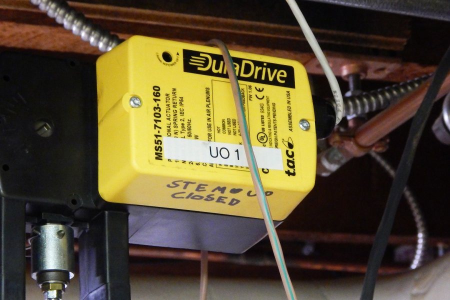 Actuators like this DuraDrive model in Libbey Forum allow Facility Services to remotely open and close heating-system valves. (Doug Hubley/Bates College)