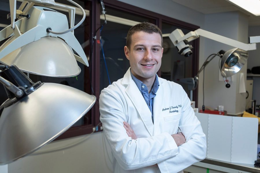 Assistant Professor of Chemistry Andrew Kennedy in his lab in Carnegie Hall on Dec. 14, 2016. (Josh Kuckens/Bates College)