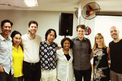 From left: Patrick Castillo, composer and director of Third Sound; composers Wang Lu, Pierre Jalbert, Hiroya Miura, Tania Leon, and Lembit Beecher; International Contemporary Ensemble representatives Alice Teyssier and Ryan Muncy. Leon performed in her native Cuba for the first time in nearly 50 years. (Courtesy of Hiroya Miura)