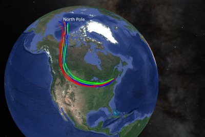The colored lines indicate the trajectories of the air, now over the NESCAC, from near the North Pole. (Model data from NOAA Air Resources Laboratory) 