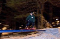 Thorn Merrill '19 of Morrisville, Vt., take to the rail jam behind Smith Hall.