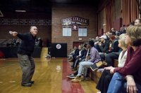 Don Robitaille of Lewiston leads a cheer for Bates during the game on Tuesday, Jan. 31, 2017.