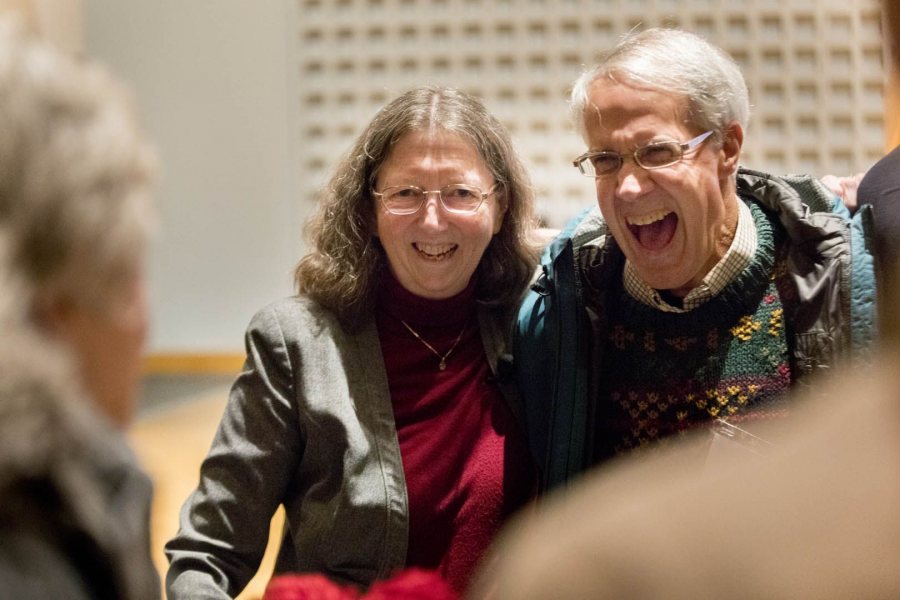 Susan Dumais '75 laughs with Professor Emeritus of Psychology John Kelsey before her talk on Feb. 1. Dumais first met Kelsey in the 1970s when she was a doctoral student at the University of Indiana, where he was starting his faculty career. (Phyllis Graber Jensen/Bates College)