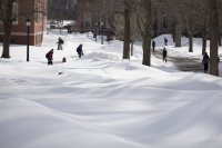 Students navigate a sea of snow on Feb. 14. (Phyllis Graber Jensen/Bates College)