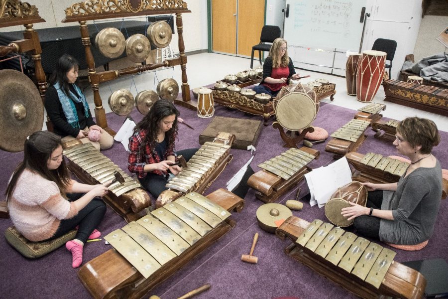 The Bates Gamelan Ensemble, led by Associate Professor of Music Gina Fatone, rehearses at the Olin Arts Center on Feb. 8, 2017.