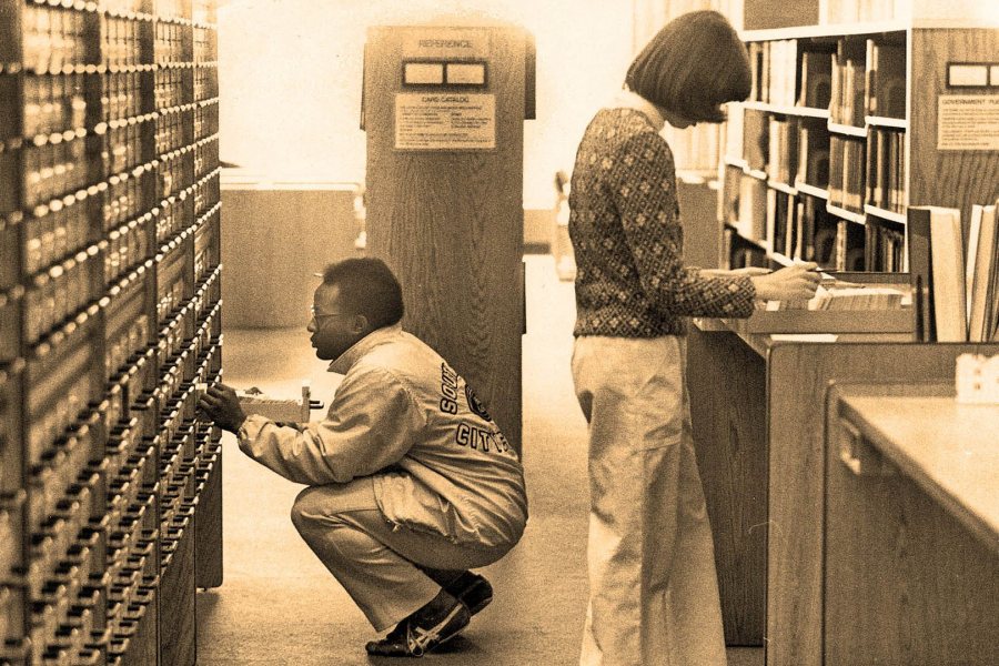 Students do pre-computer information retrieval, circa 1974, using the library's card catalog. (Muskie Archives and Special Collections Library)