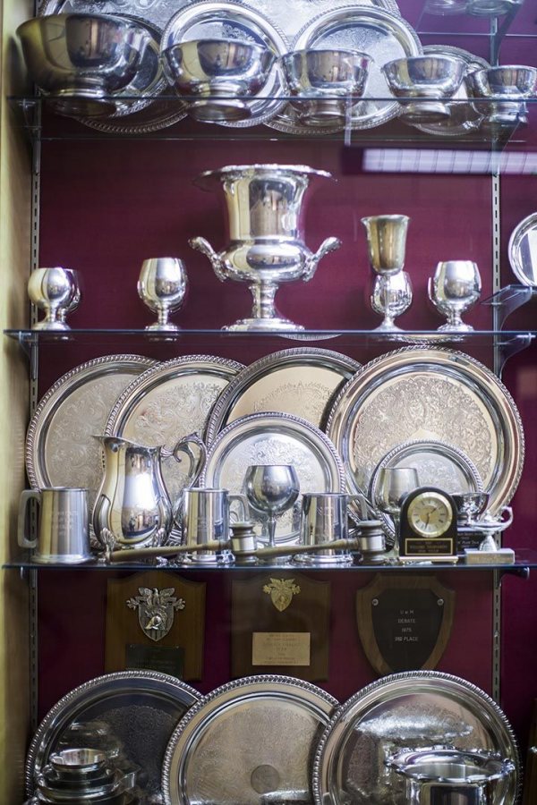 The ever-growing collection of Bates debating trophies in Pettigrew Hall.