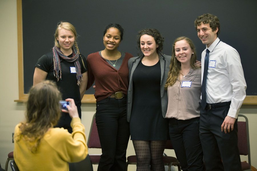 The strength of the Bates academic community is a theme of the Mount David Summit. Here, senior religious studies majors Emilie Muller, Esperanza Gilbert, Wendy Goldman, Melissa Carp, and Alex Tritell ’16 pose for a photo before their presentation at the 2016 summit. (Phyllis Graber Jensen/Bates College)