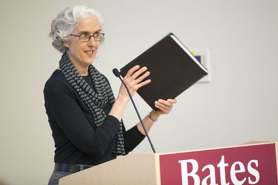 At the 2016 banquet for seniors who earned honors in their majors, Professor of Sociology Emily Kane introduces the guest speaker, Bridget Harr '07, Kane's former student and current colleague in the sociology department. (Phyllis Graber Jensen/Bates College)