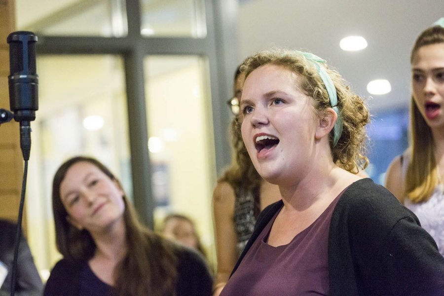 Madeline McLean '17 sings with the Crosstones in October 2016. (Josh Kuckens/Bates College) New dormitories at 55 and 65 Campus Avenue are named after Elizabeth Kalperis Chu '80 and Michael Chu '80 in recognition of their generous donation to the college on Friday, Oct. 28 2016.