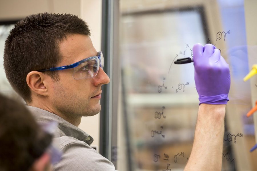 Alex Gogliettino's thesis adviser is Assistant Professor of Chemistry Andrew Kennedy, shown teaching an organic chemistry lab on Feb. 9 2017, in Dana Chemistry Hall. (Josh Kuckens/Bates College)