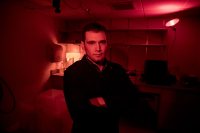 Alex Gogliettino '17 of Branford, Conn., poses in a Carnegie Science Hall laboratory on Feb. 28, 2017. (Josh Kuckens/Bates College)