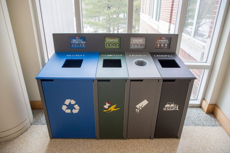 Pettengill Hall, where the waste collection stations made their campus debut, is home to several of them. (Josh Kuckens/Bates College) 