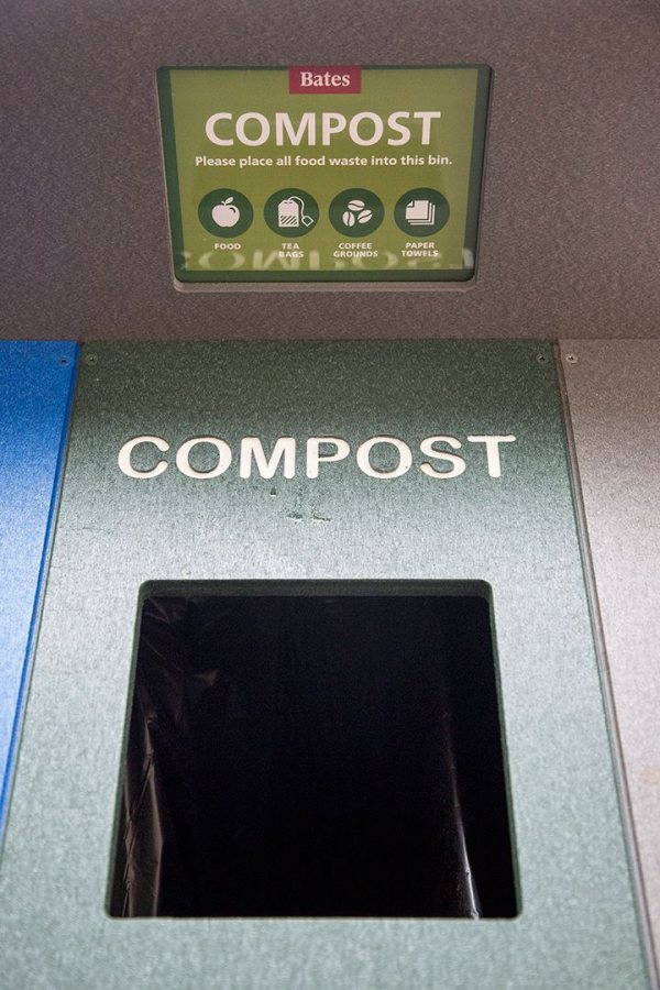 The new waste-receptacle system broadens compost collection beyond Dining Services for the first time at Bates. (Josh Kuckens/Bates College) 