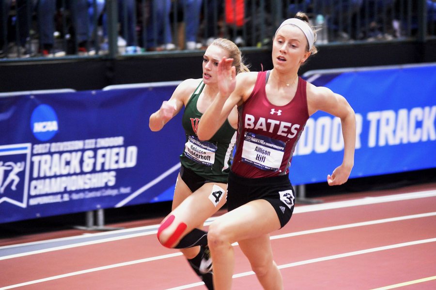 Allison Hill competes in the finals of the 200-meter dash, in which she posted a surprise fourth-place finish on March 11 at the NCAA Indoor Track and Field Championships. (Photograph by d3photography.com) 