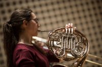 Leah Sturman '17 of Huntington Beach, Calif., plays her french horn part.

The Bates Brass Ensemble, led by Olin Arts manager Alan Carr, rehearses Wednesday night, Mar. 22 2017 in the Olin Arts Center.