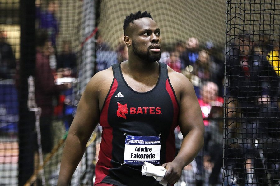 Weight thrower Adedire Fakorede '18 of Newark, N.J., who earned All-America honors at the NCAA meet, predicted that Hill would do something "amazing" in the 200 meters. (Photograph by d3photography.com)