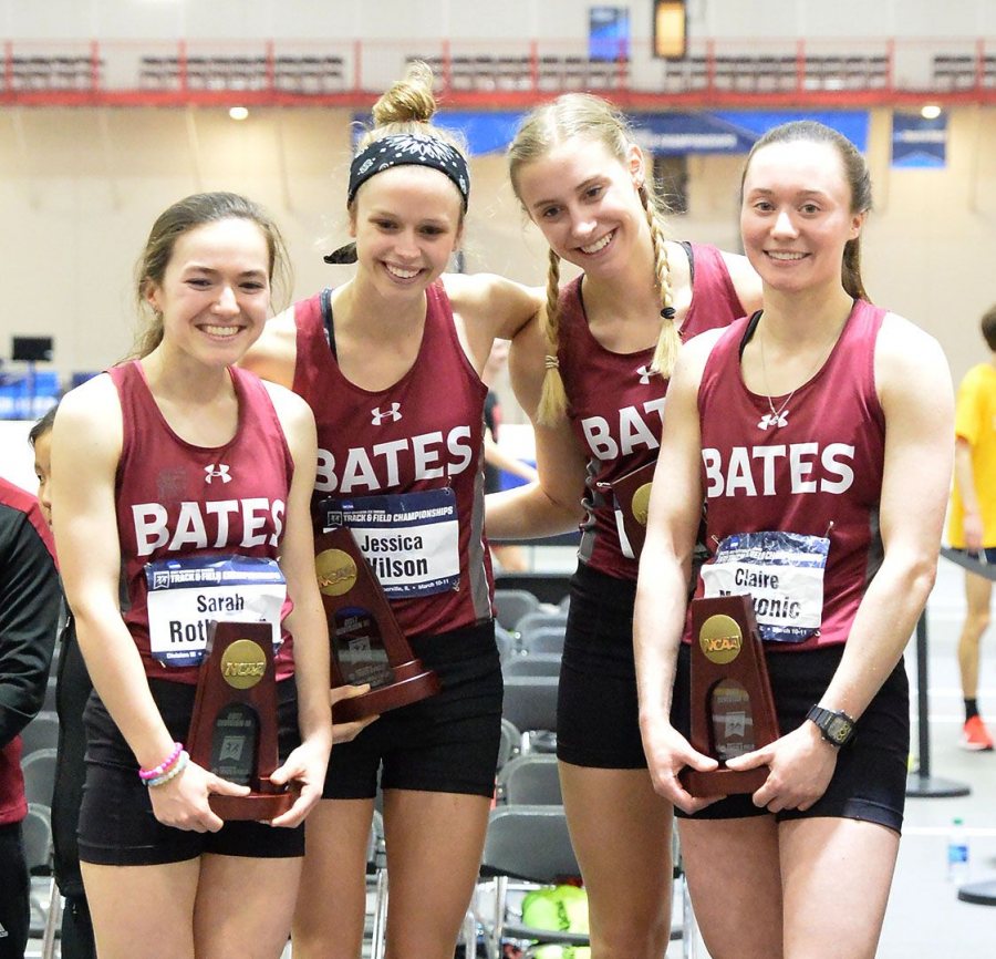 The All-America distance medley team of Sarah Rothmann '19, Jessica Wilson '17, Ayden Eickhoff, and Claire Markonic pose with their fourth-place trophies at the NCAA Division III Indoor Track & Field Championships on March 10. (Photograph by d3photography.com)