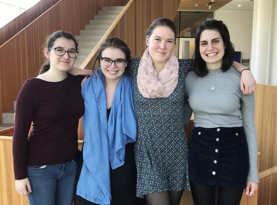 The team of Abby Westberry ’19 (second from right) and Tessa Holtzman ’17 (right) won the North American Women's Debating Championships, and were joined in the final round by the team of Katie Ziegler ’19 (left) and Sam Malone ’19 (lsecond from left). 