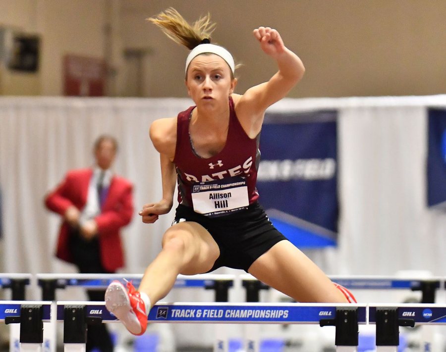 In her 60-meter hurdle preliminary race at the NCAA Indoor Track and Field Championships on March 10, Allison Hill '17 clears the second hurdle before finding trouble at the third. (Photograph by d3photography.com)